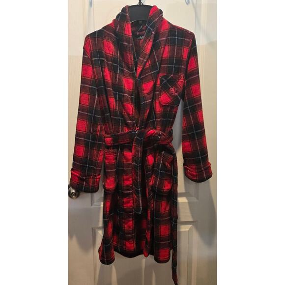 Ralph Lauren Red Plaid Fleece Logo Midi Belted Pocket Robe sz S - Picture 1 of 6